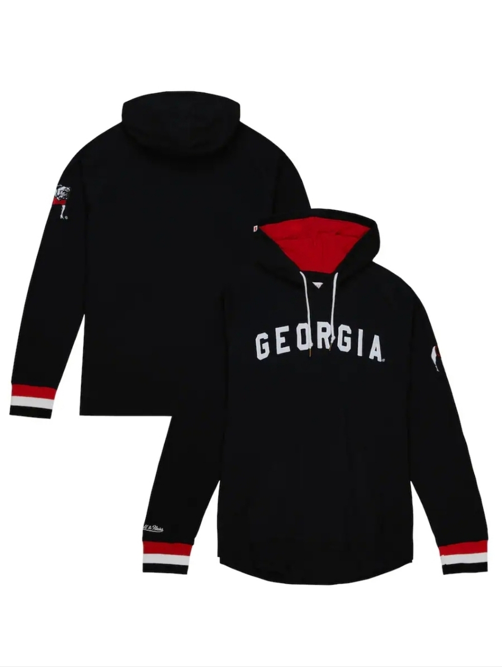 Mitchell & Ness Black Georgia Hoodie has Red Lining and vintage Elbow Patch.